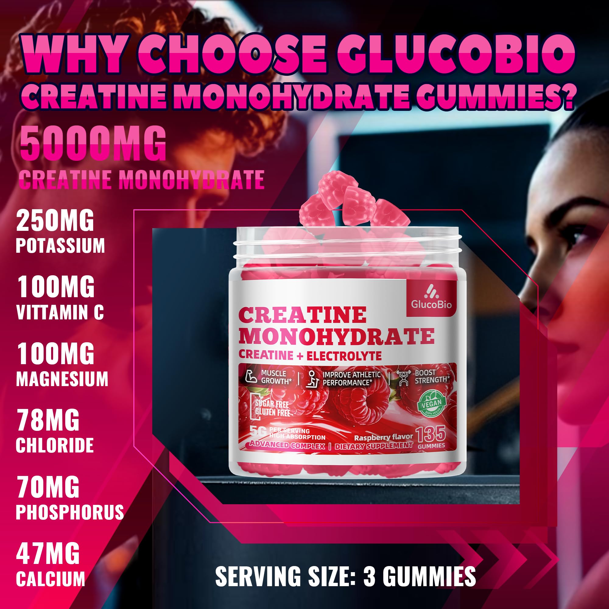 GlucoBio Gommes Creatine Monohydrate Framboise – emballage 135 gommes faciles à transporter.