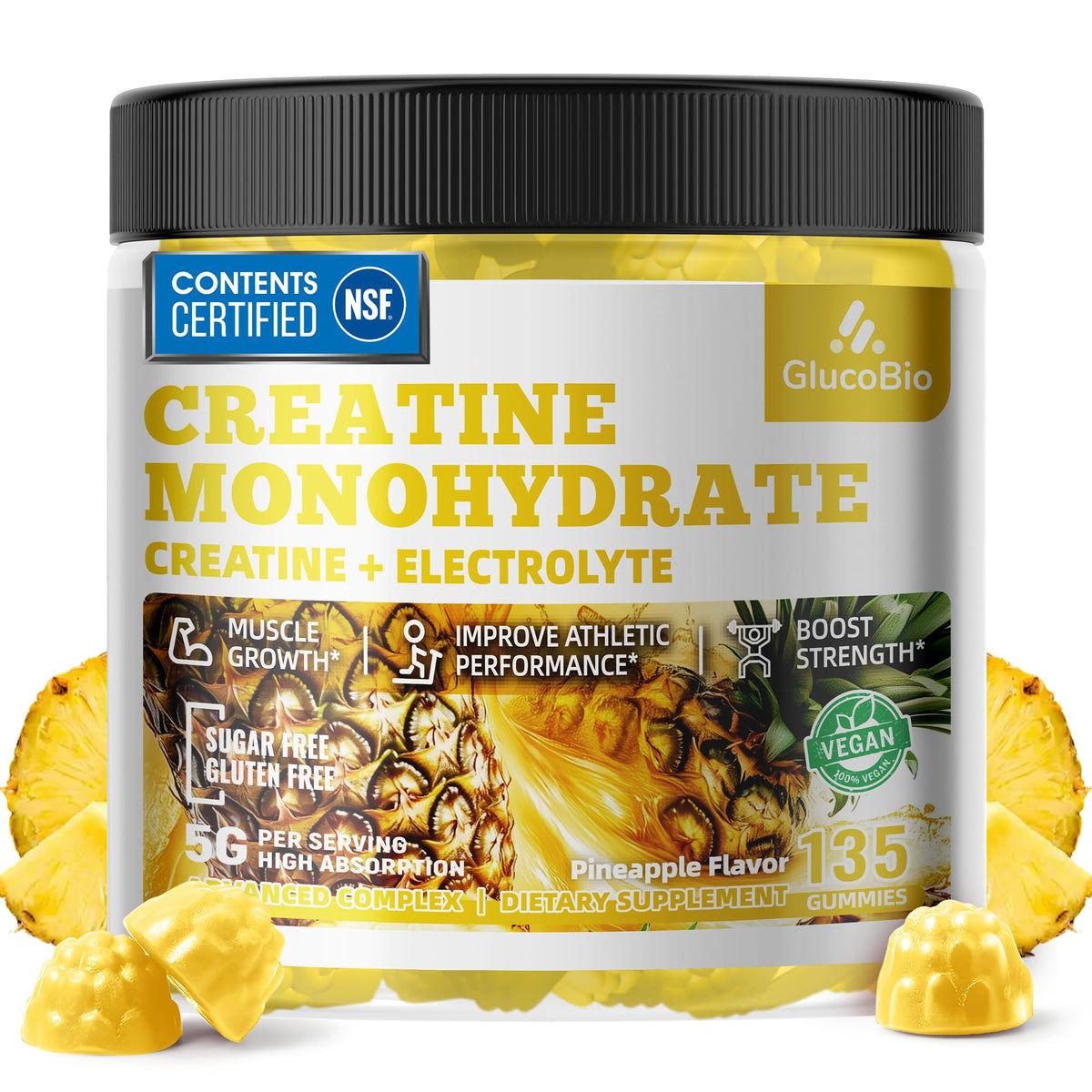 GlucoBio Créatine Monohydrate Gommes Ananas 135 – énergie soutenue avant l'entraînement.
