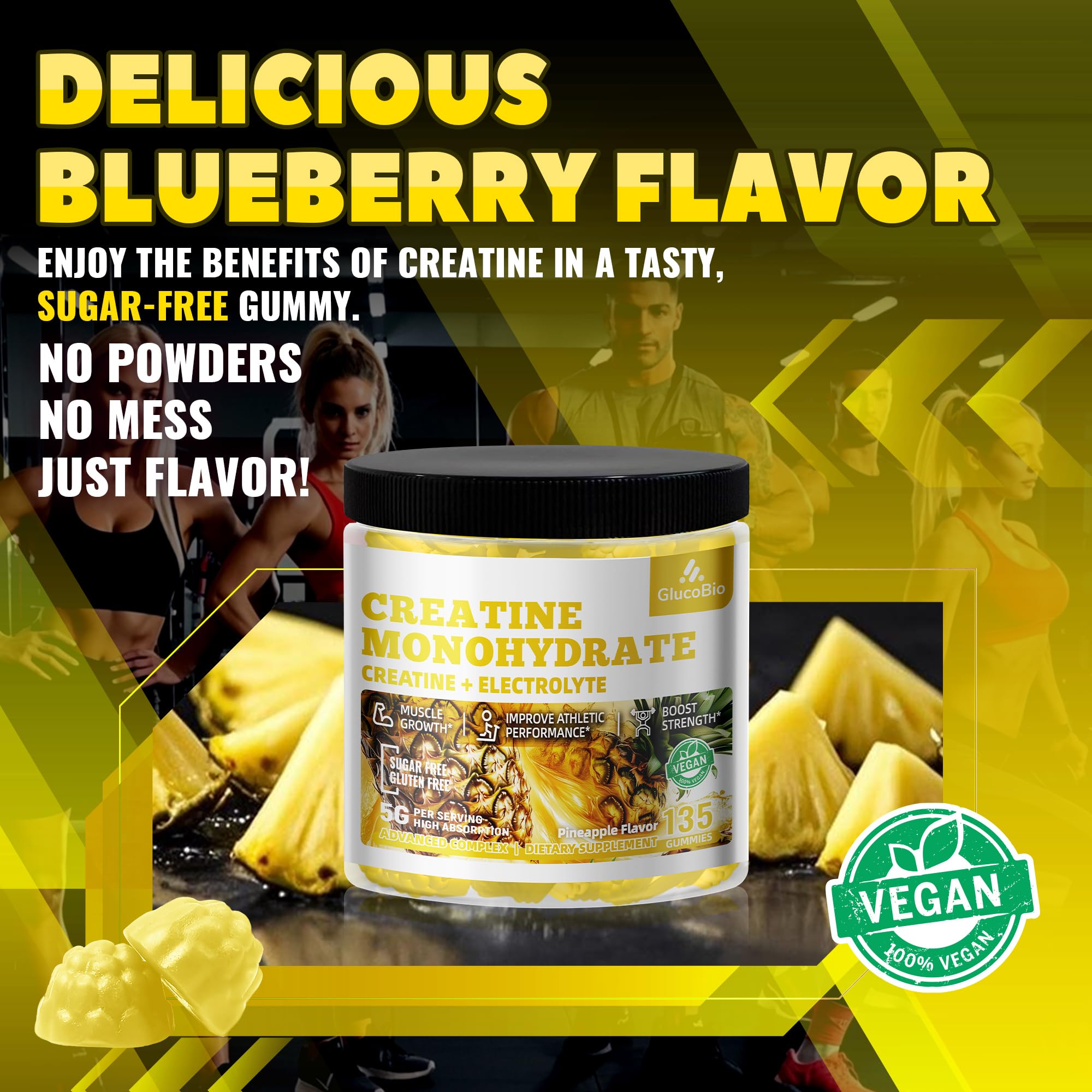 GlucoBio Créatine Monohydrate Gommes Vegan Ananas – sans gélatine pour plus de choix.