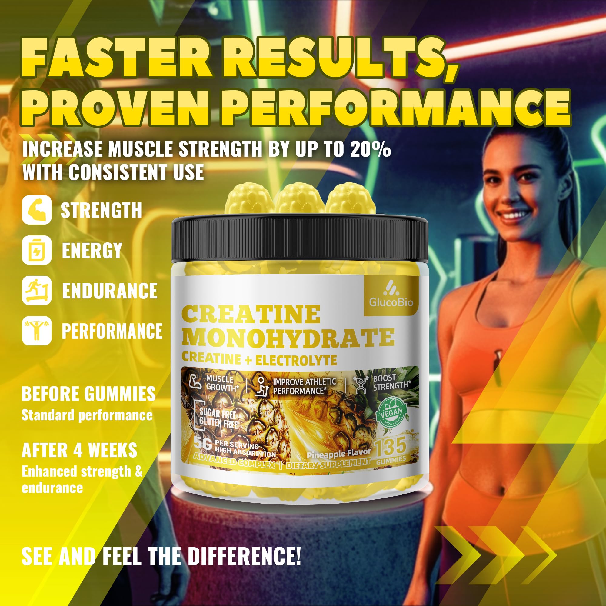 GlucoBio Créatine Monohydrate Gommes Ananas – format pratique dans une gourde ou sac.