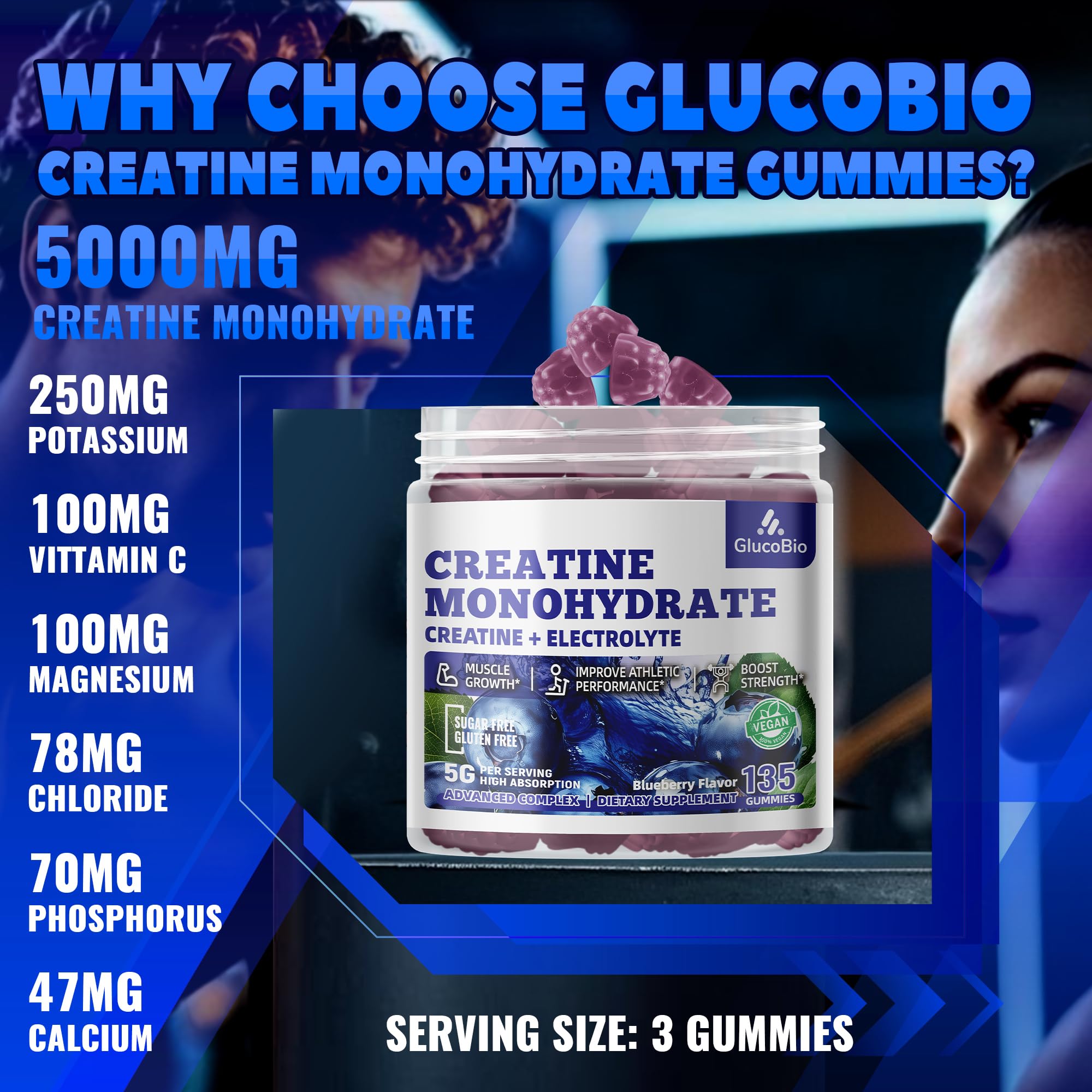 GlucoBio Bonbons gélifiés Creatine Monohydrate – dose facile avant l’entraînement pour énergie.