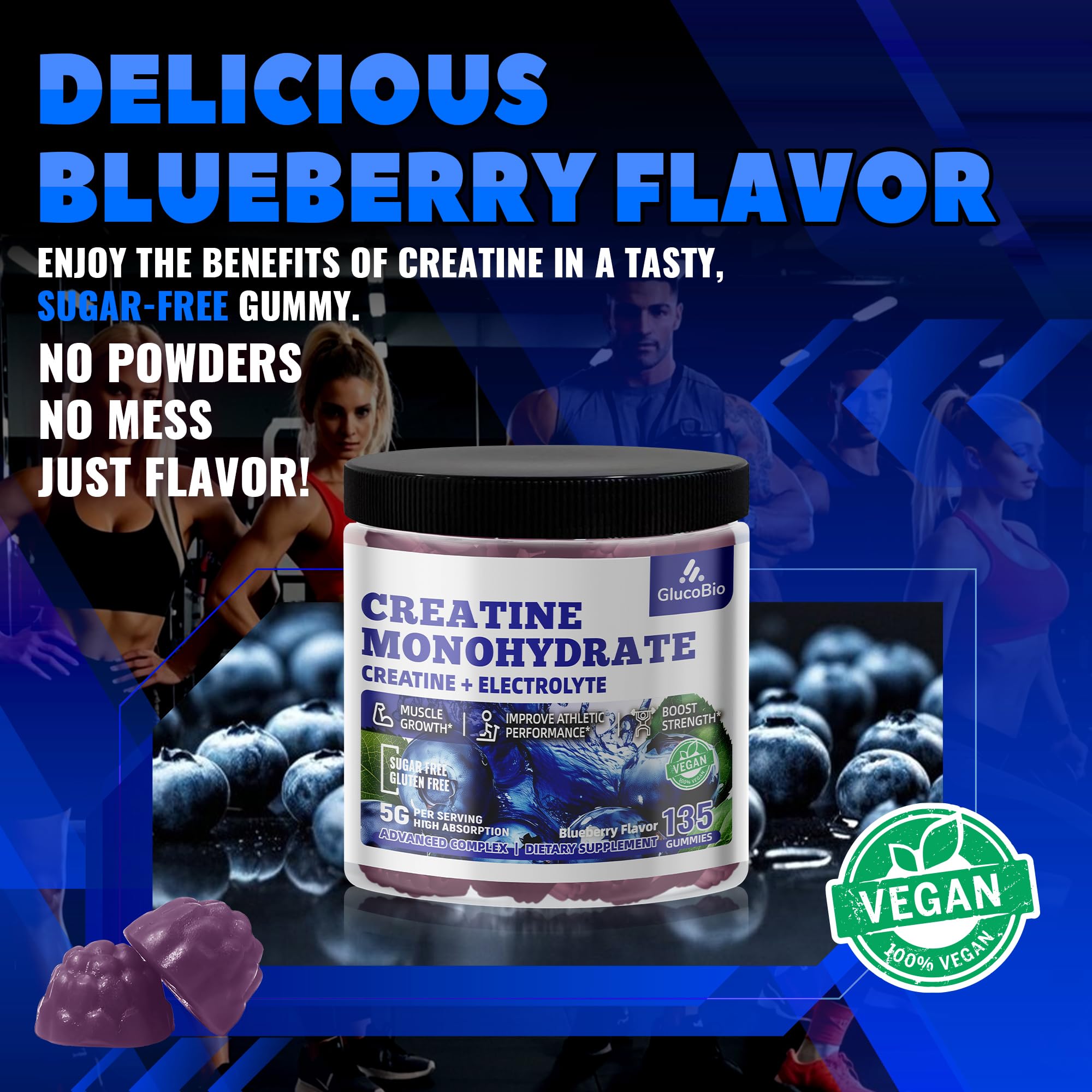 GlucoBio Bonbons gélifiés Creatine Monohydrate – emballage clair et informations essentielles.