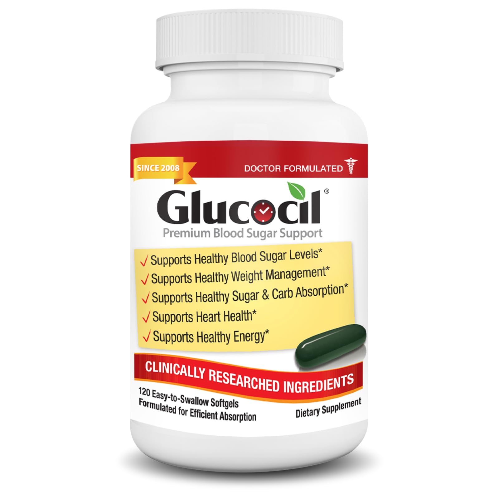Glucocil, emballage de la bouteille softgels, design premium et informatif