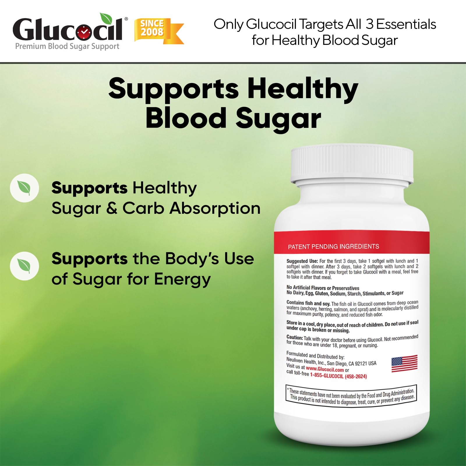 Glucocil, gelules-softgels dans la bouteille, facilité d'utilisation