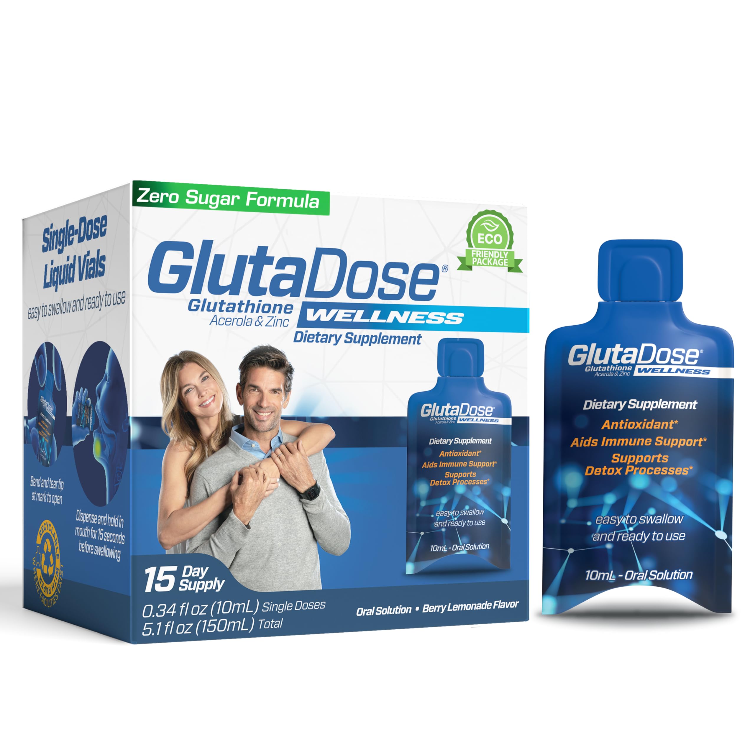 GlutaDose gouttes glutathion saveur citron-framboise sur flacon – usage quotidien potentiel.