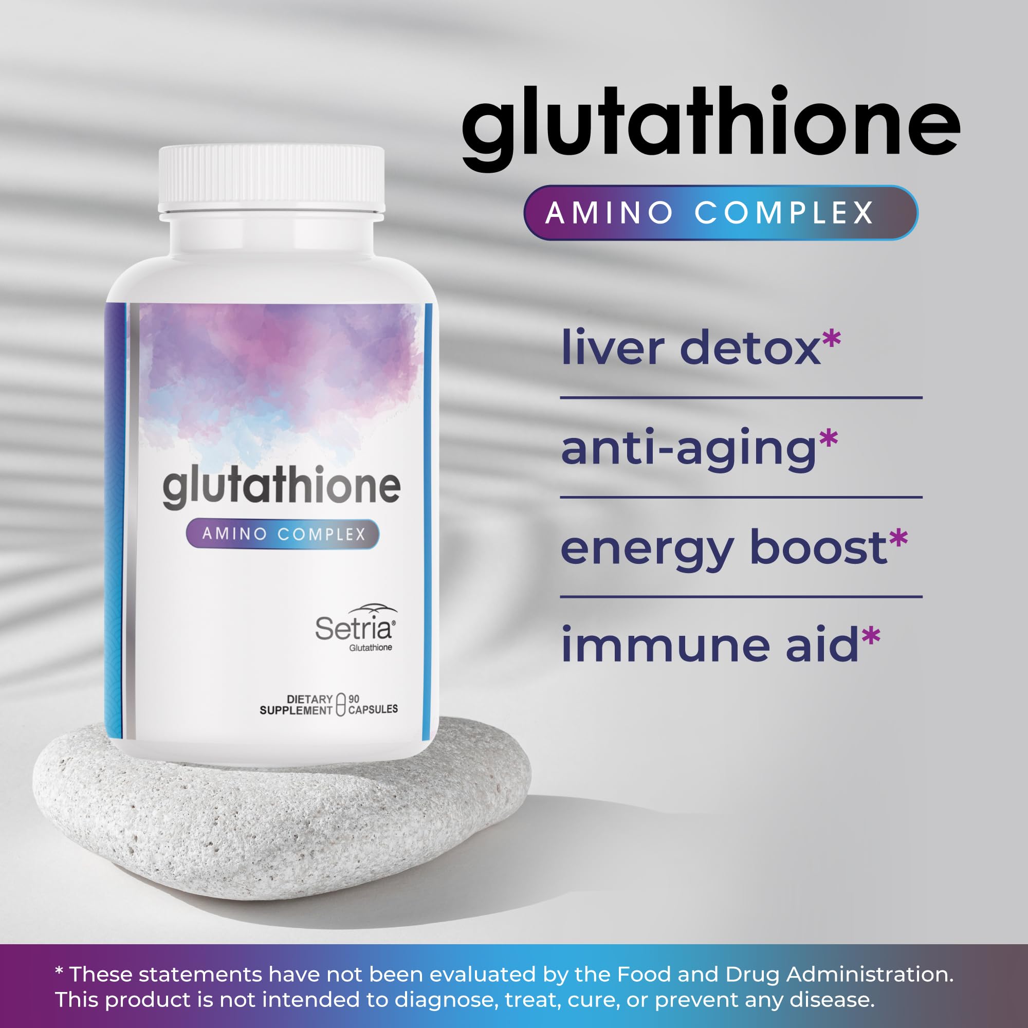 Glutathione Amino Complex: étiquette Setria et NAC pour absorption optimale.