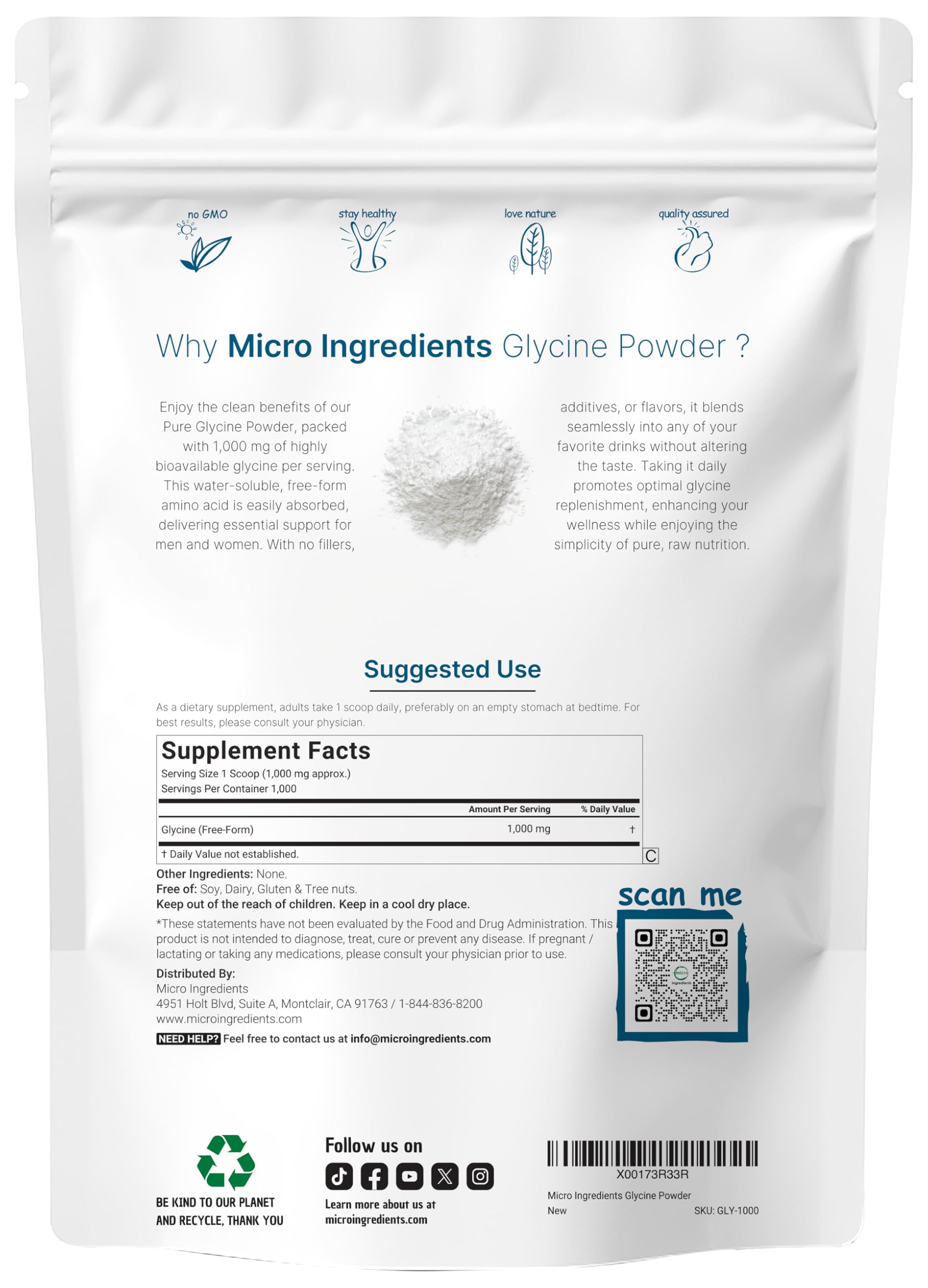 Glycine Micro Ingredients se dissout rapidement dans l'eau pour shakes.