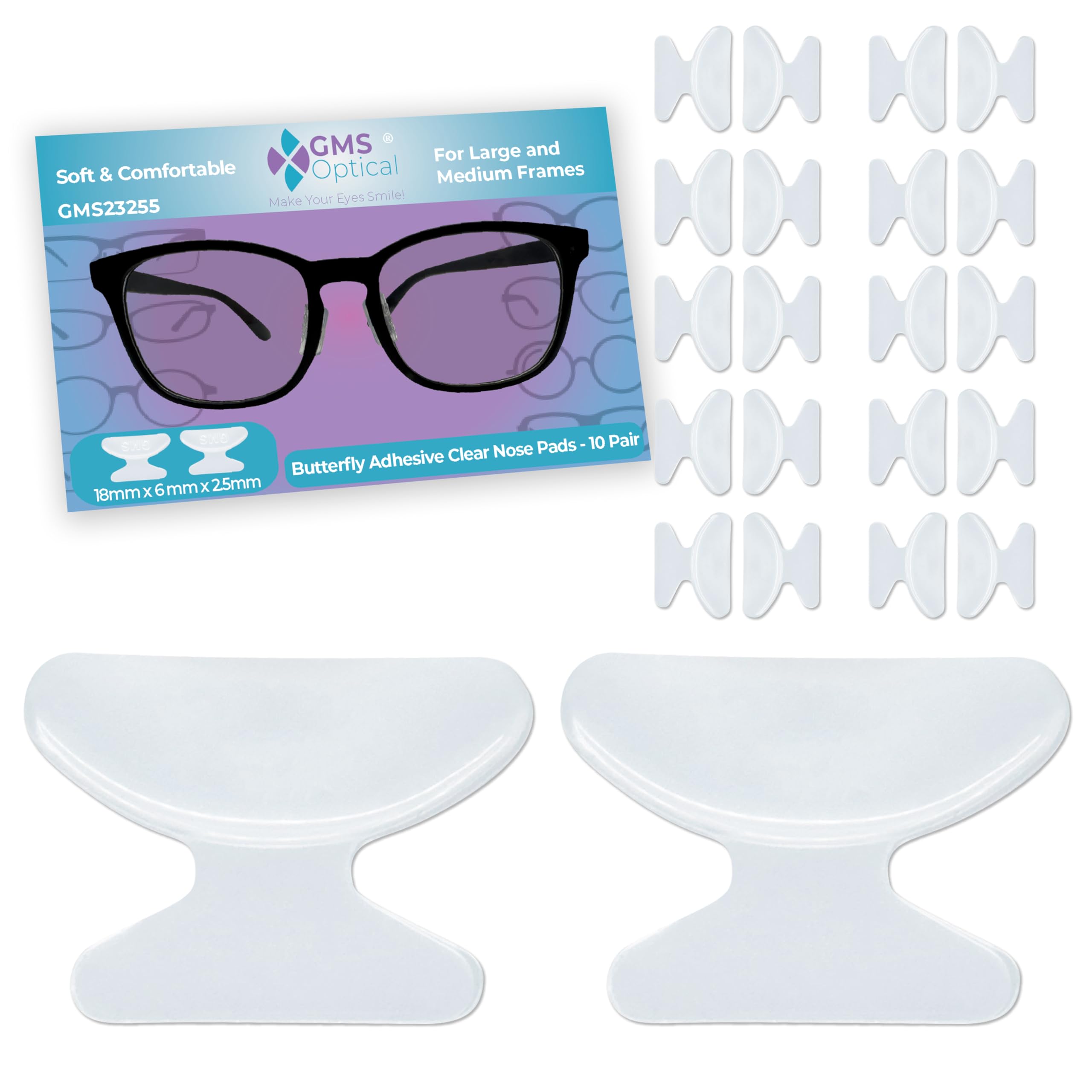 GMS Optical plaquette nasale adhésive papillon, confort durable pour lunettes et soleil.