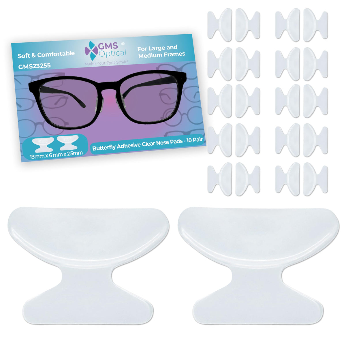 GMS Optical plaquette nasale adhésive papillon, confort durable pour lunettes et soleil.