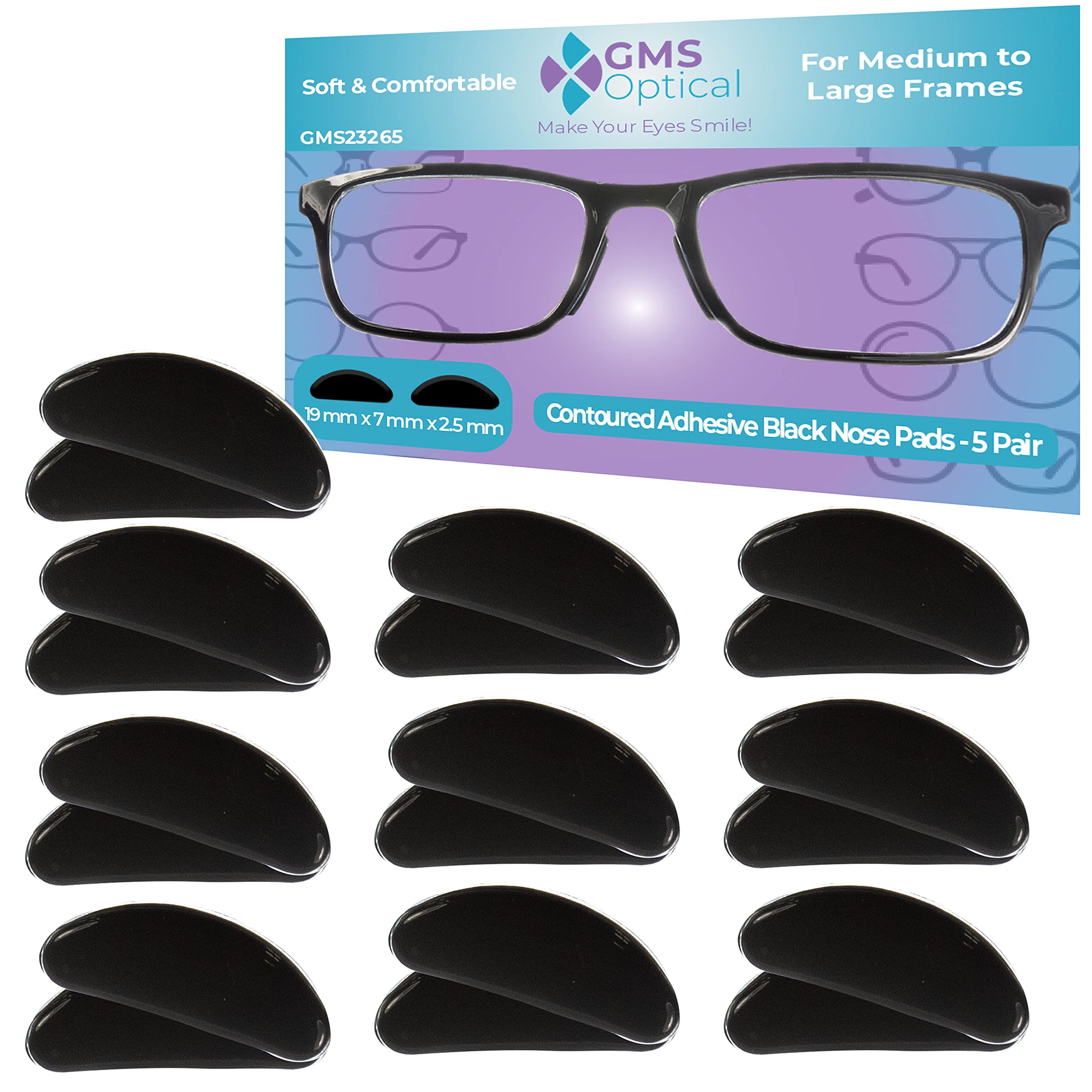 Coussinets nasaux GMS Optical noir, premier plan, confort accru pour montures en plastique.