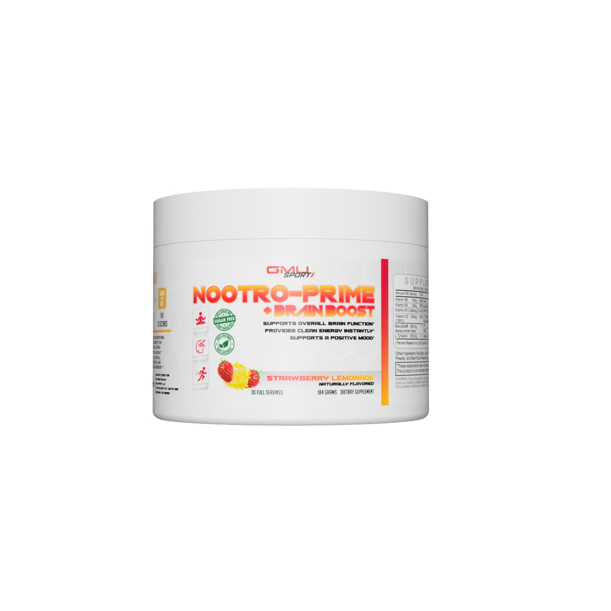 GMU SPORT Nootro-Prime – bouteille en premier plan favorisant concentration quotidienne.
