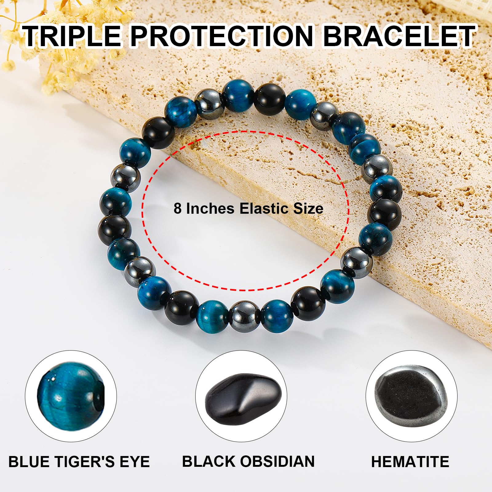 Bracelet Gnamy triple protection en obsidienne noire, courage face au stress potentiel.