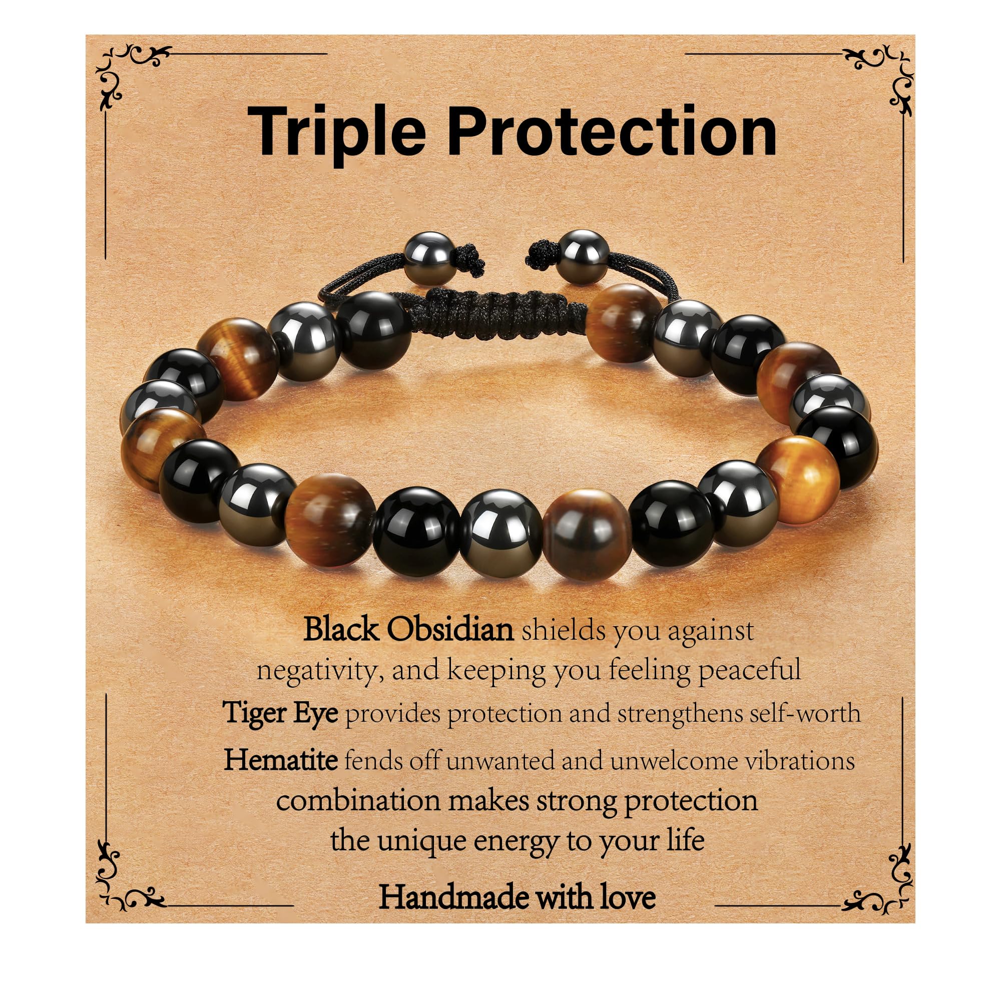Bracelet Gnamy triple-protection avec oeil-de-tigre: style affirmé et énergie défensive