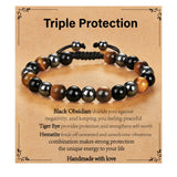 Bracelet Gnamy triple-protection avec oeil-de-tigre: style affirmé et énergie défensive