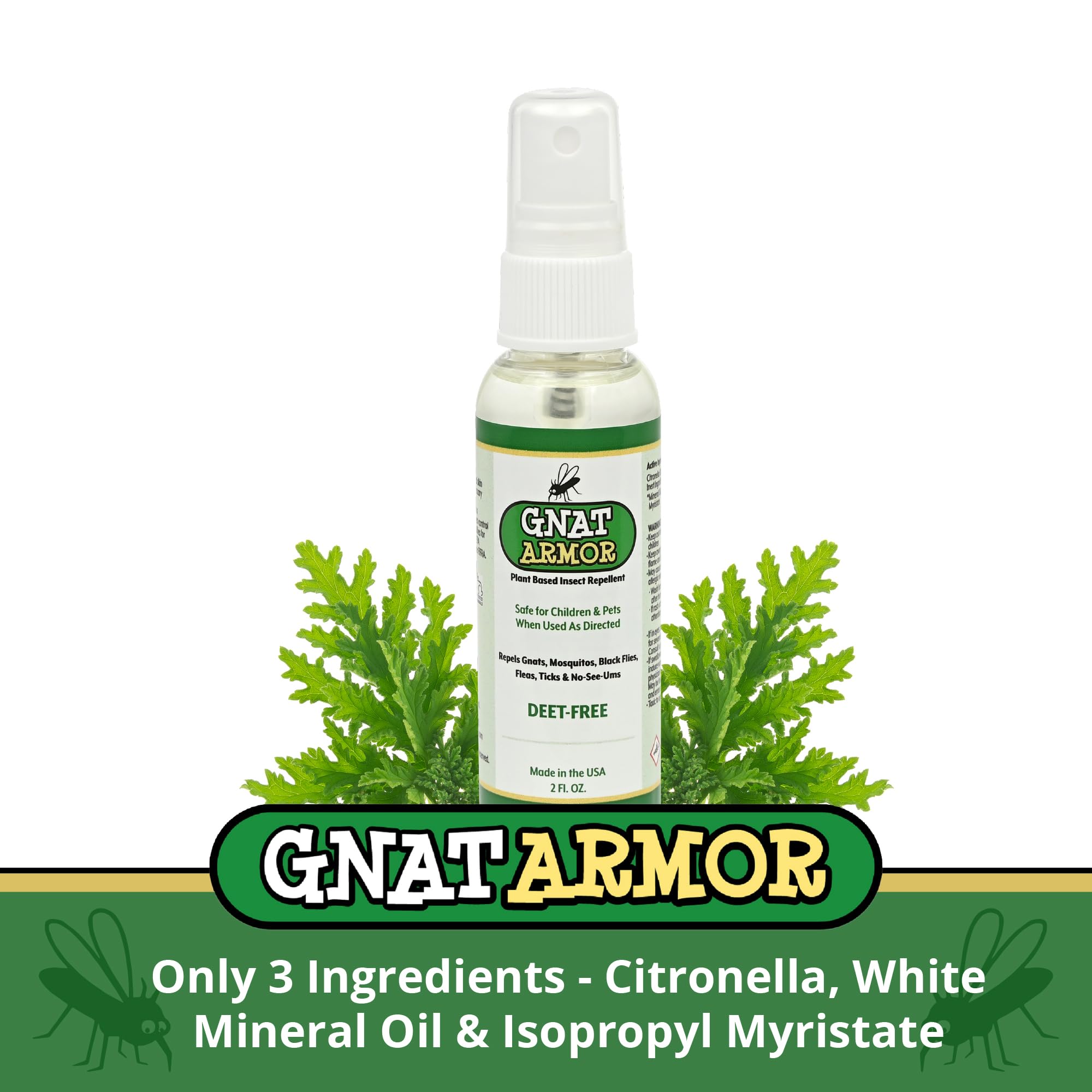 Gnat Armor sans DEET, trois ingrédients, utilisation simple et sûre.