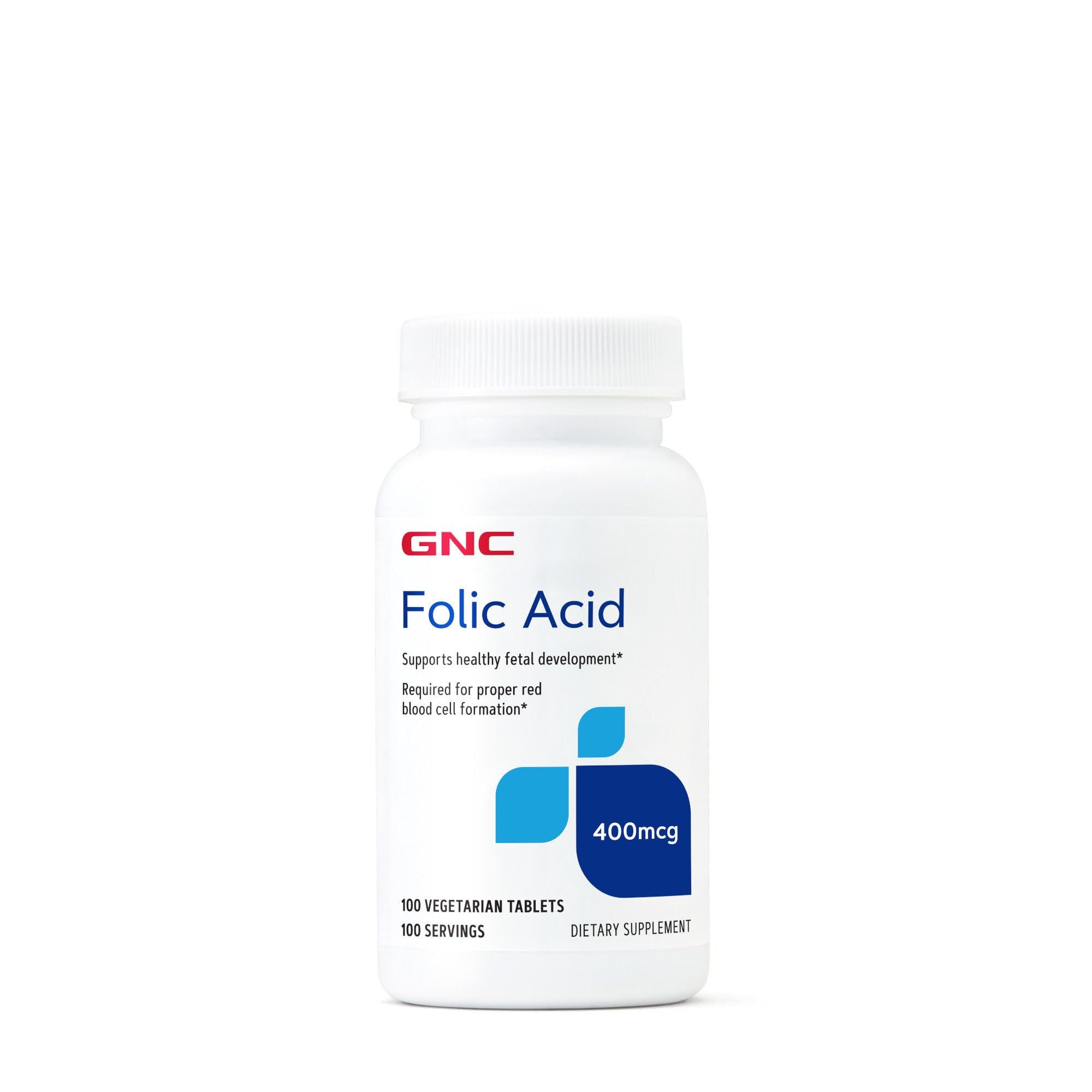 GNC acide folique 400mcg – bouteille montrant le contenant, soutien potentiel au développement fœtal.