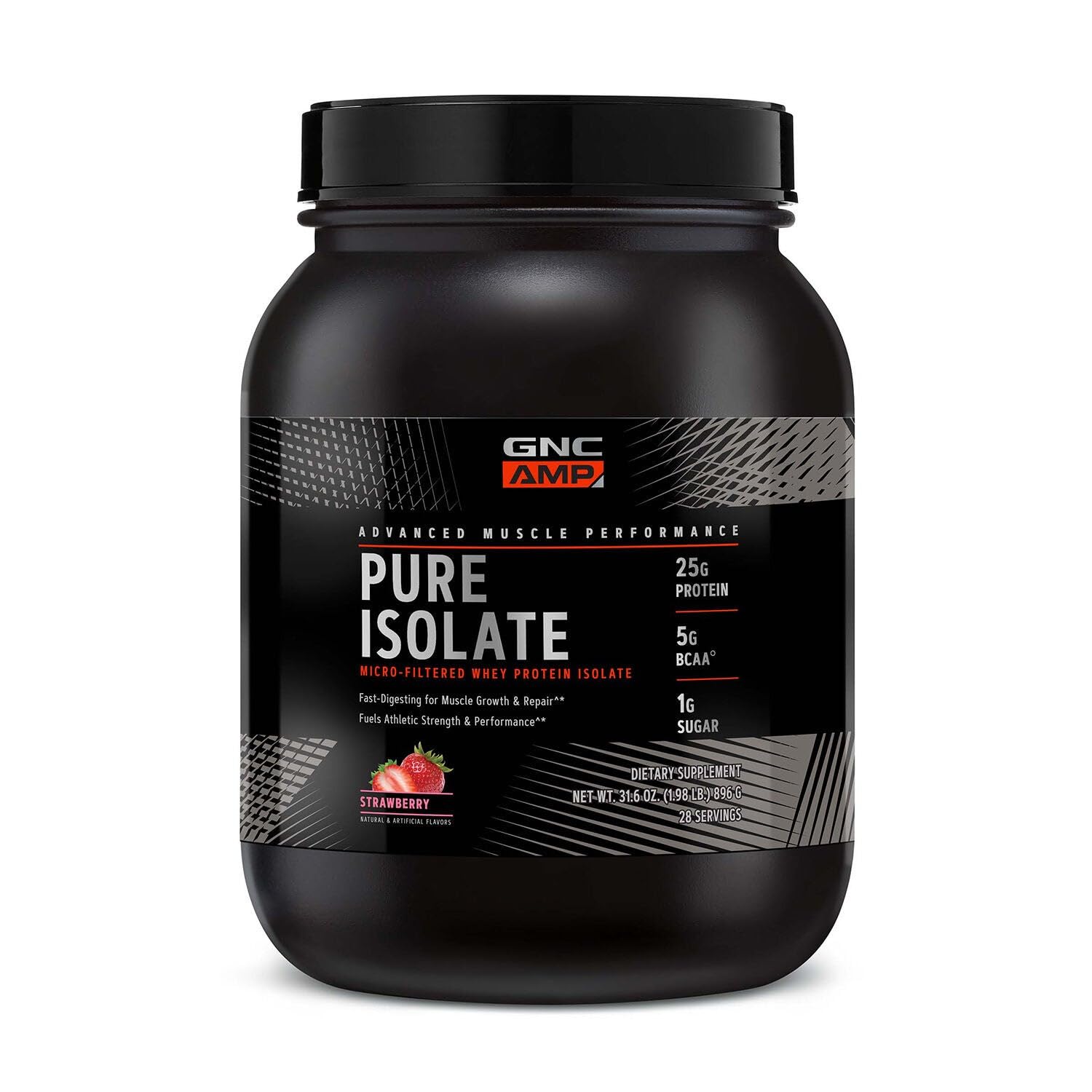 GNC AMP Pure Isolate Protéine Fraise, bouteille prête pour une collation post-entraînement.