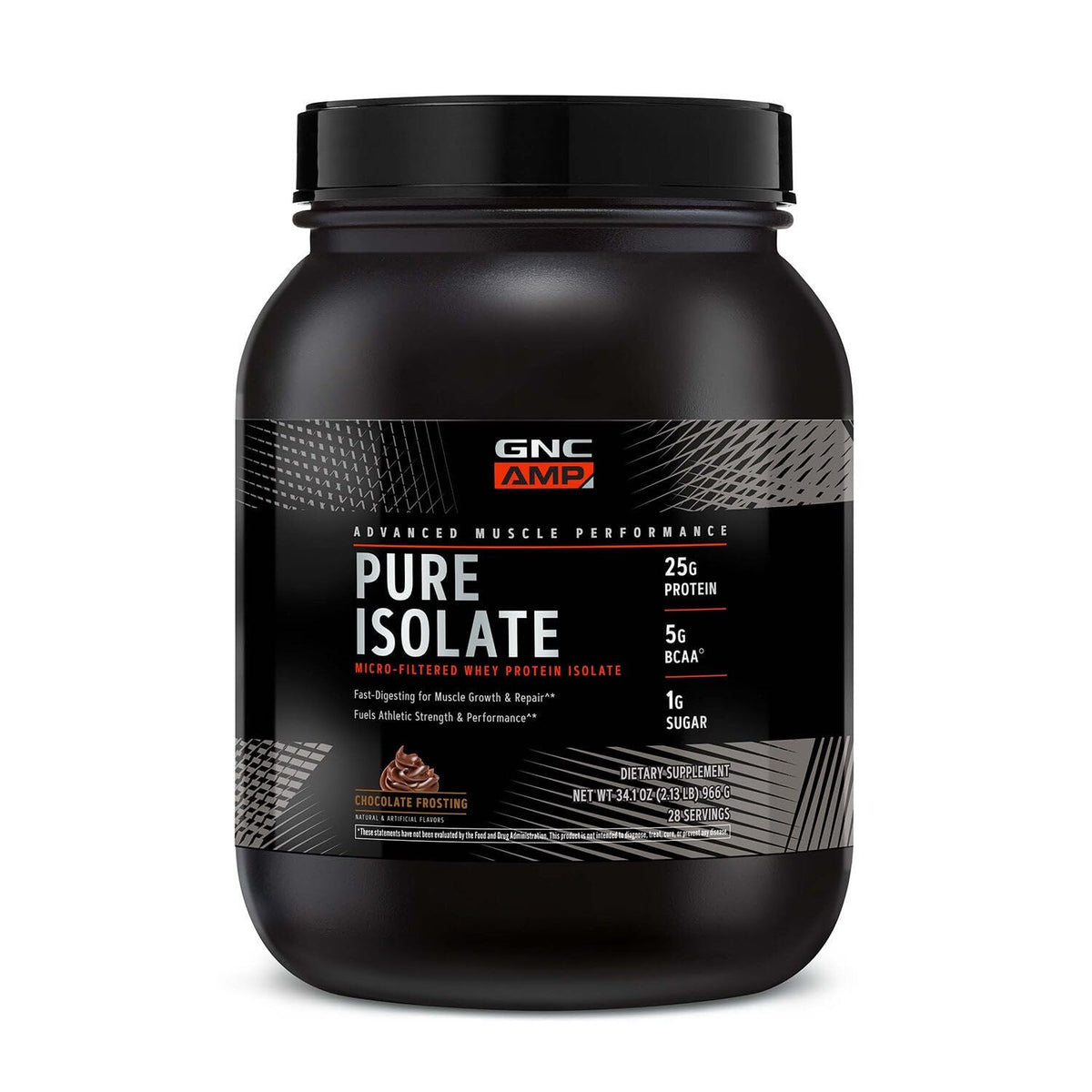 Protéine GNC AMP Pure Isolate au glaçage chocolat, 28 portions, digestion rapide.