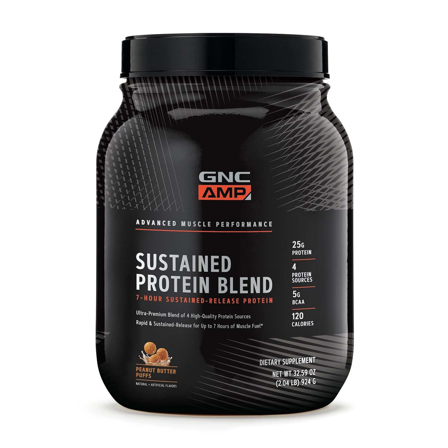 GNC AMP Sustained Protein Blend, bouteille toast cannelle, soutien musculaire durable.