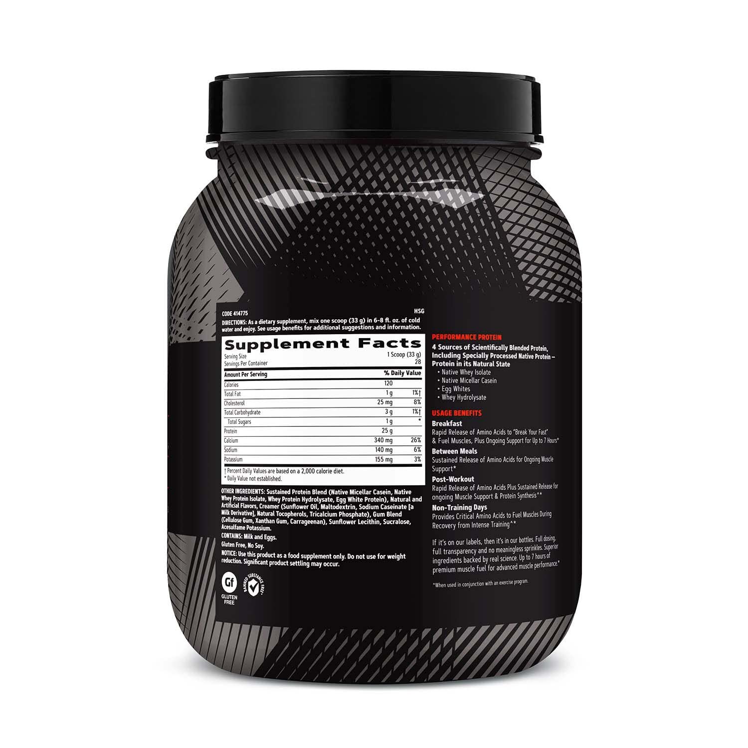 GNC AMP Sustained Protein Blend, étiquette toast cannelle, informations produit sans gluten et sans soja.