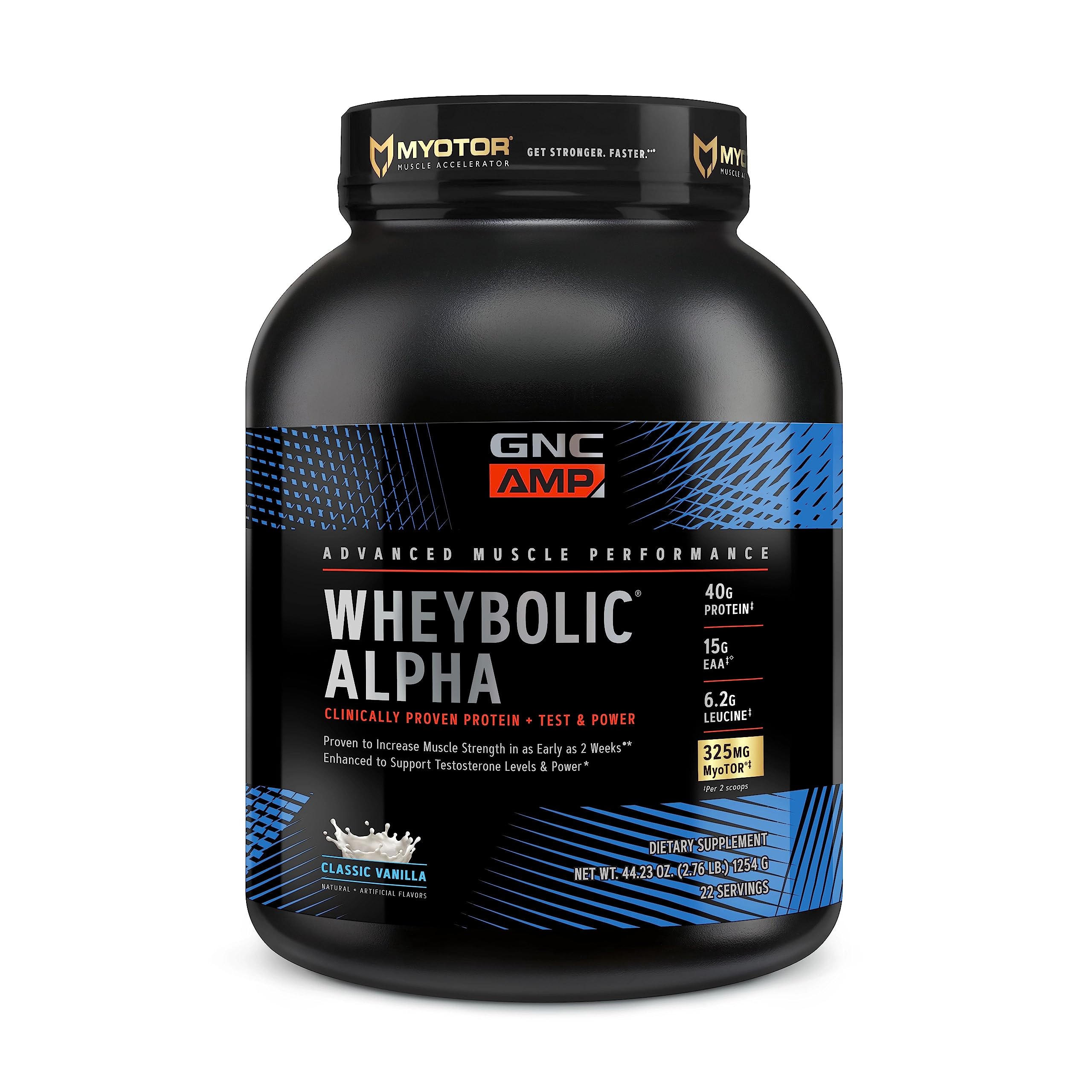 GNC AMP Wheybolic Alpha Vanilla — bouteille visible, soutien potentiel à la force et récupération