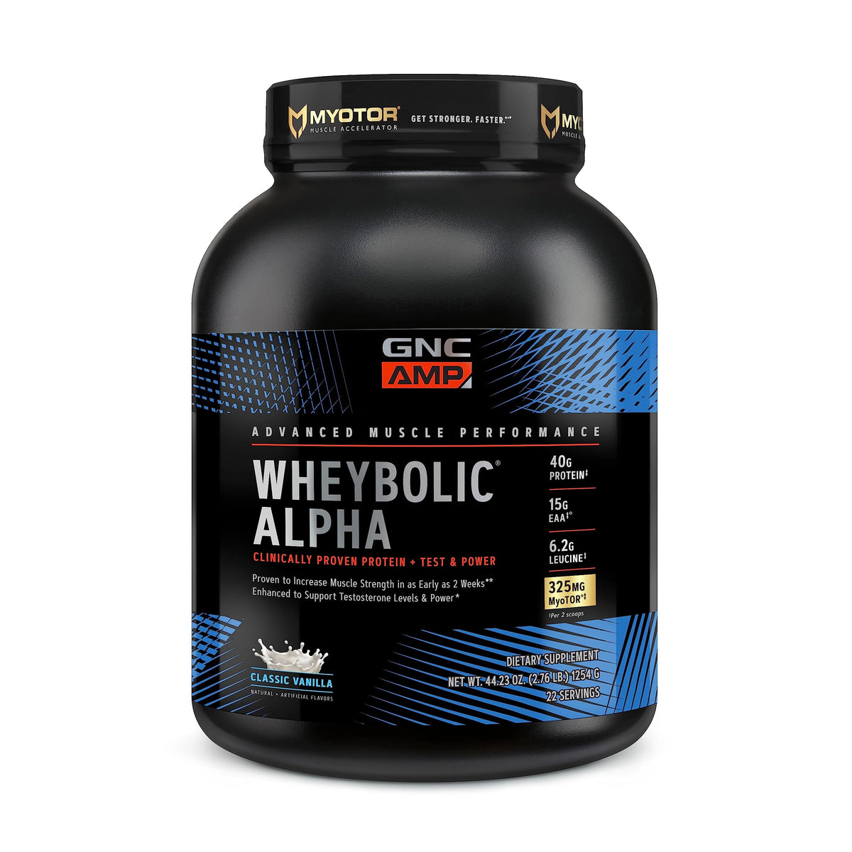 GNC AMP Wheybolic Alpha Vanilla — bouteille visible, soutien potentiel à la force et récupération