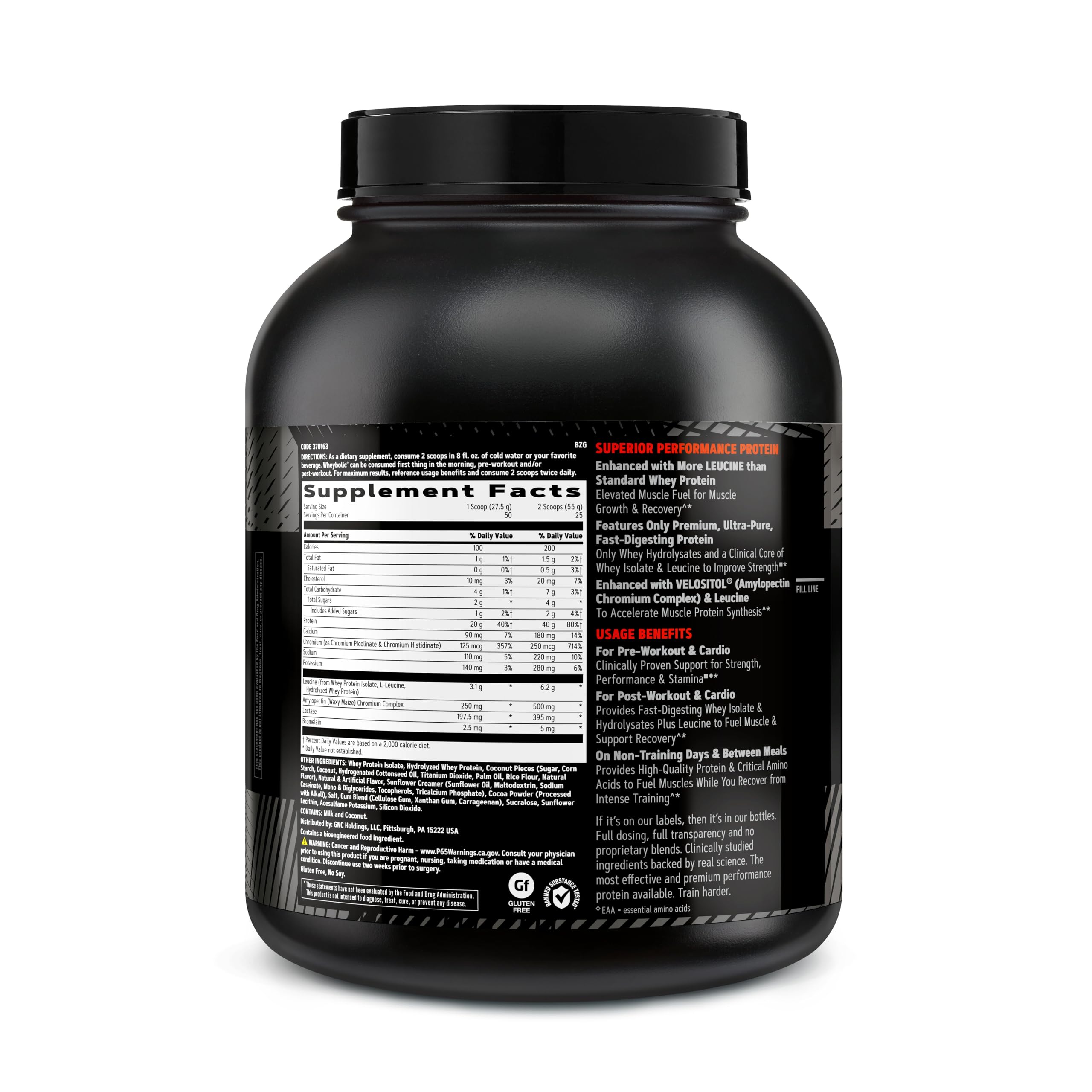 GNC AMP Wheybolic Coconut Caramel – poudre protéinée, mélange rapide pour récupération.