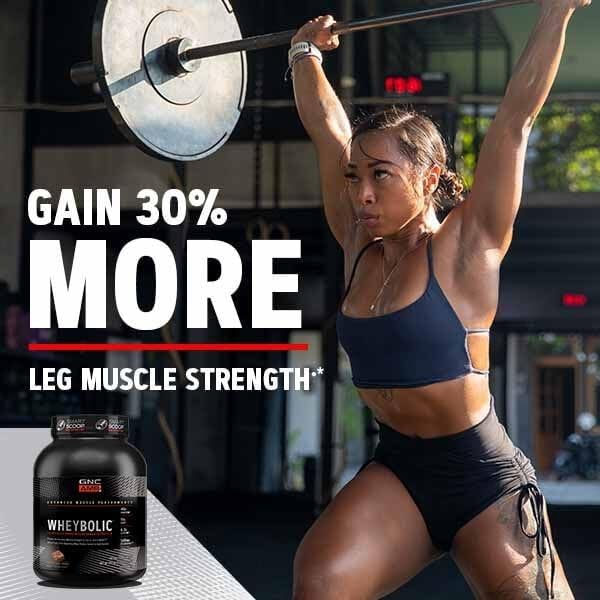 GNC AMP Wheybolic, étiquette nutrition lisible détaillant ingrédients et valeurs.