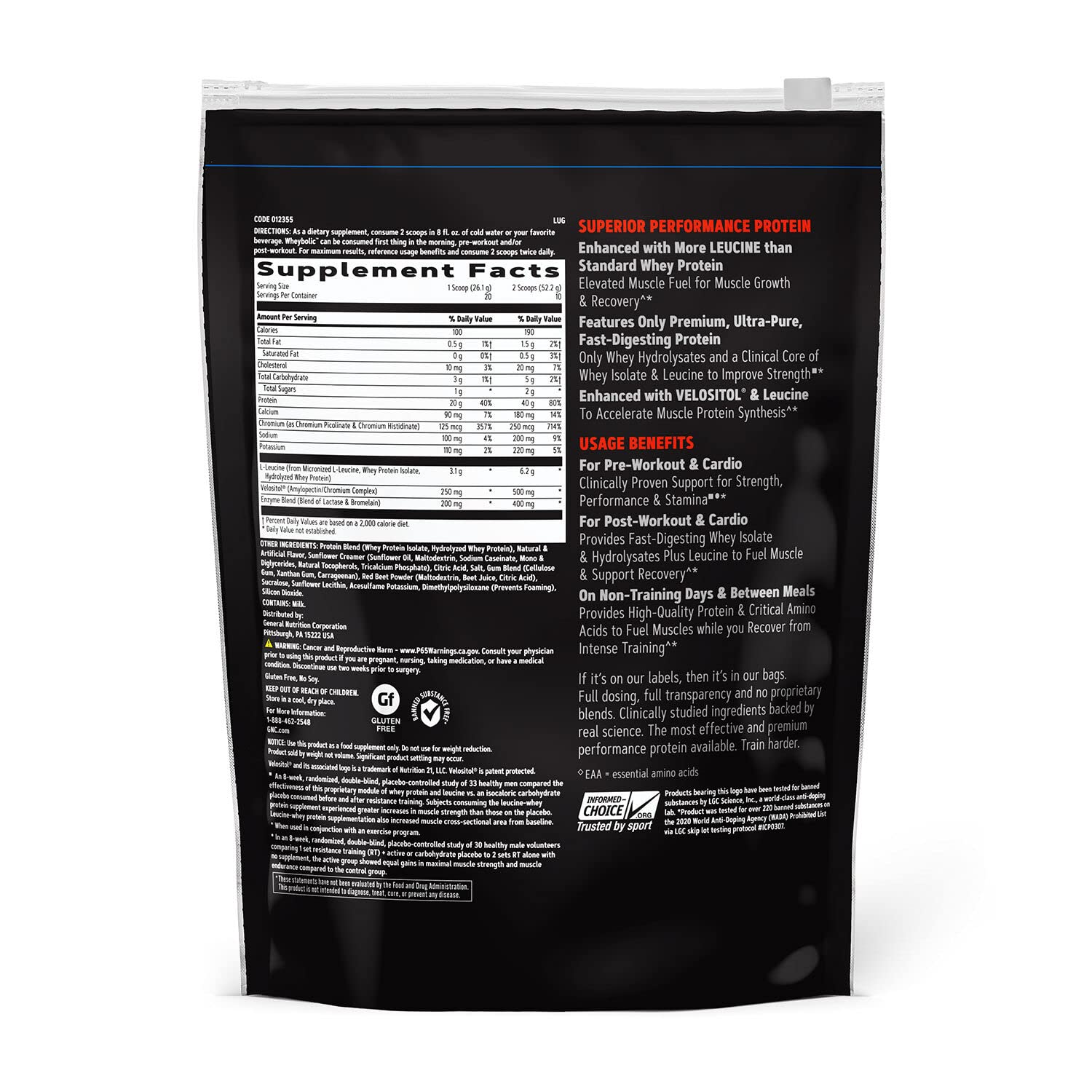 Étiquette nutrition GNC AMP Wheybolic détaillant protéines et acides aminés.