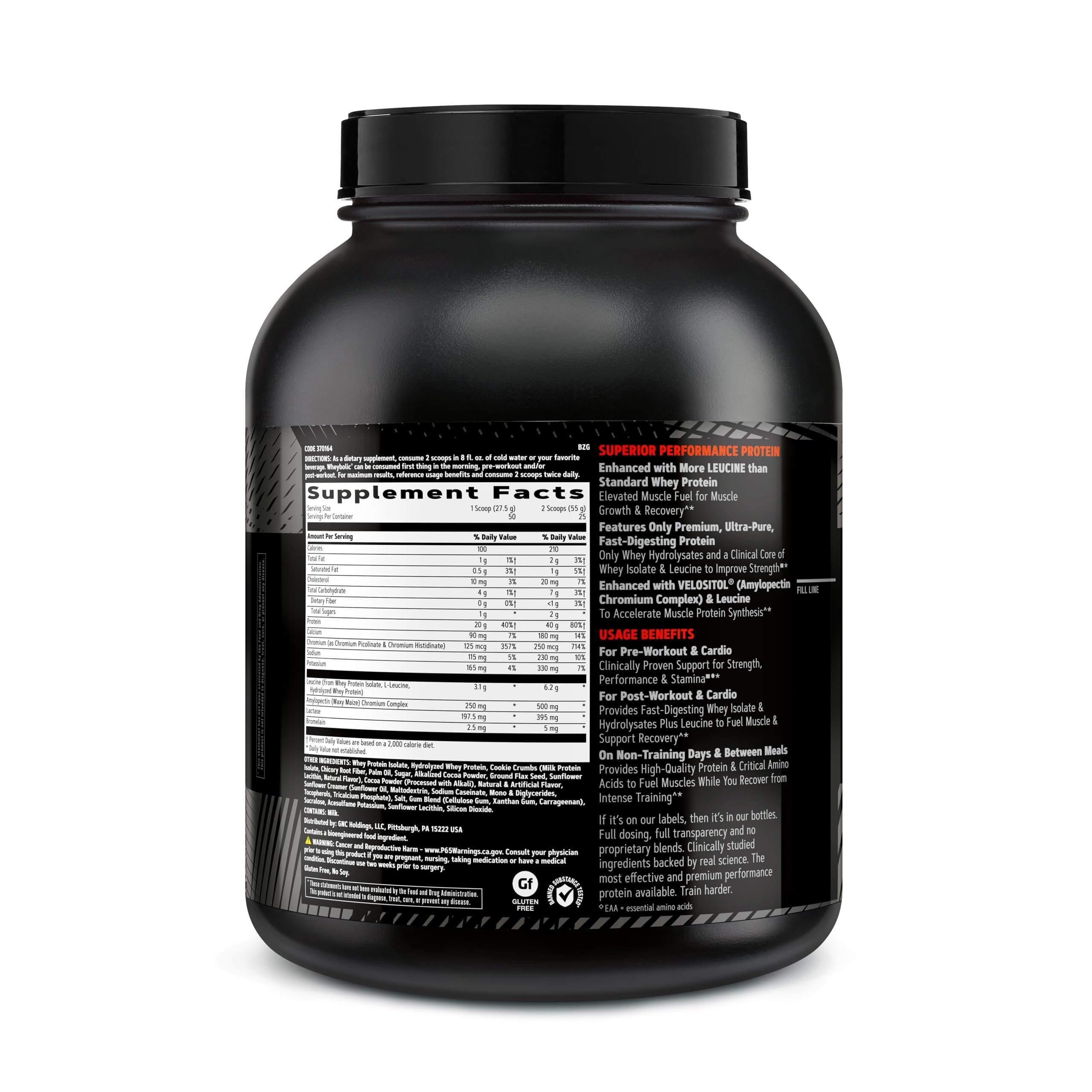 GNC AMP Wheybolic, étiquette claire indiquant protéines et BCAA pour le consommateur.