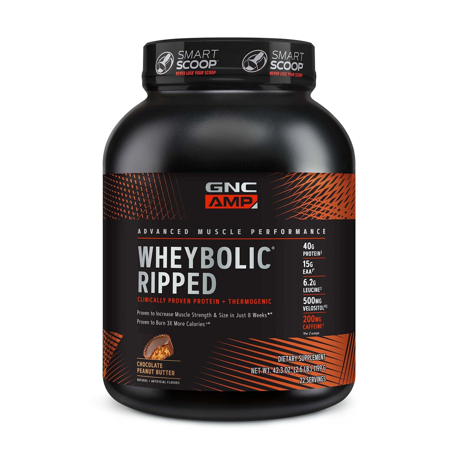 GNC AMP Wheybolic Ripped, bouteille chocolat-beurre-de-cacahuète, goût riche et gourmand.