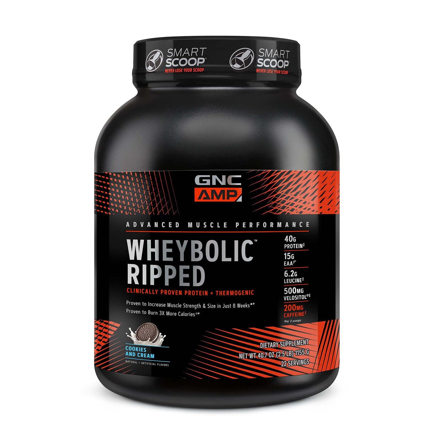 GNC AMP Wheybolic Ripped cookies et creme – bouteille identifiable et pratique.