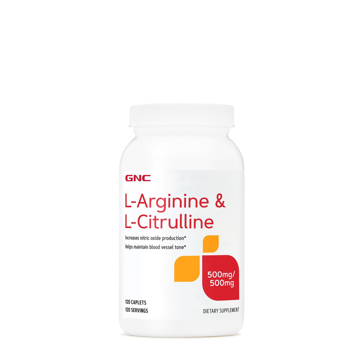 GNC L-Arginine + L-Citrulline, comprimés en boîte, soutien potentiel au monoxyde d'azote.