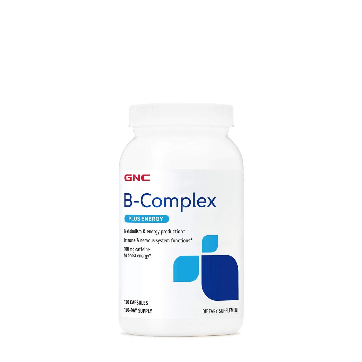 GNC B-Complex Plus Energy sur étiquette de bouteille, soutien énergie et métabolisme.