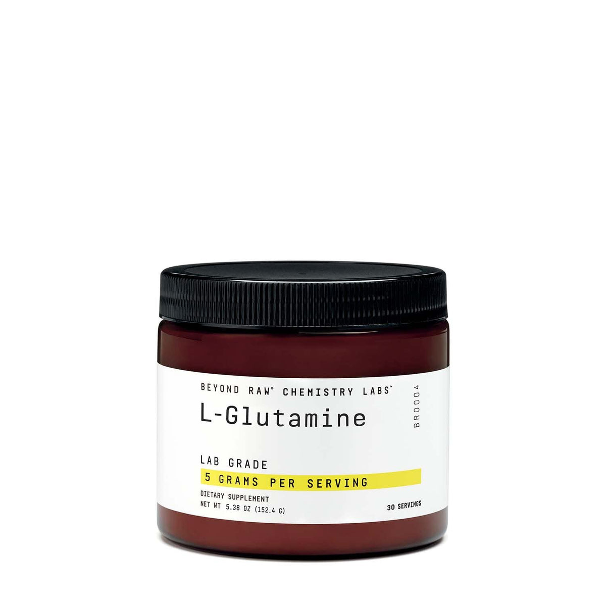 GNC Beyond Raw L-Glutamine en poudre près d’un verre, soutien hydratation musculaire.