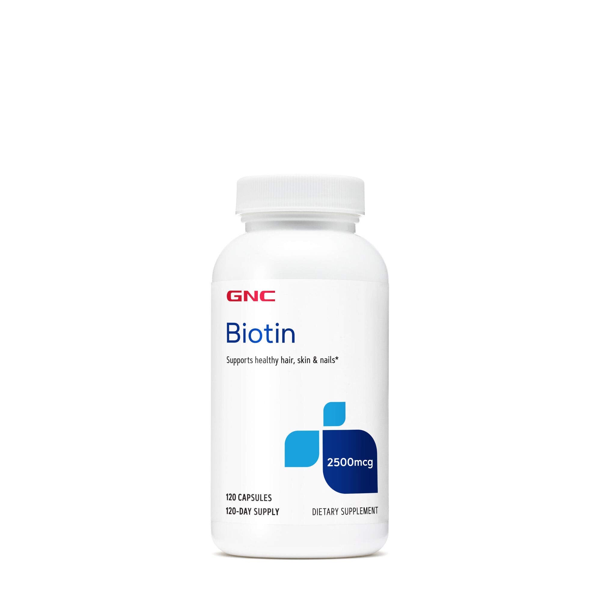 GNC Biotine 2500mcg: gélules faciles à avaler pour soutenir cheveux et ongles.