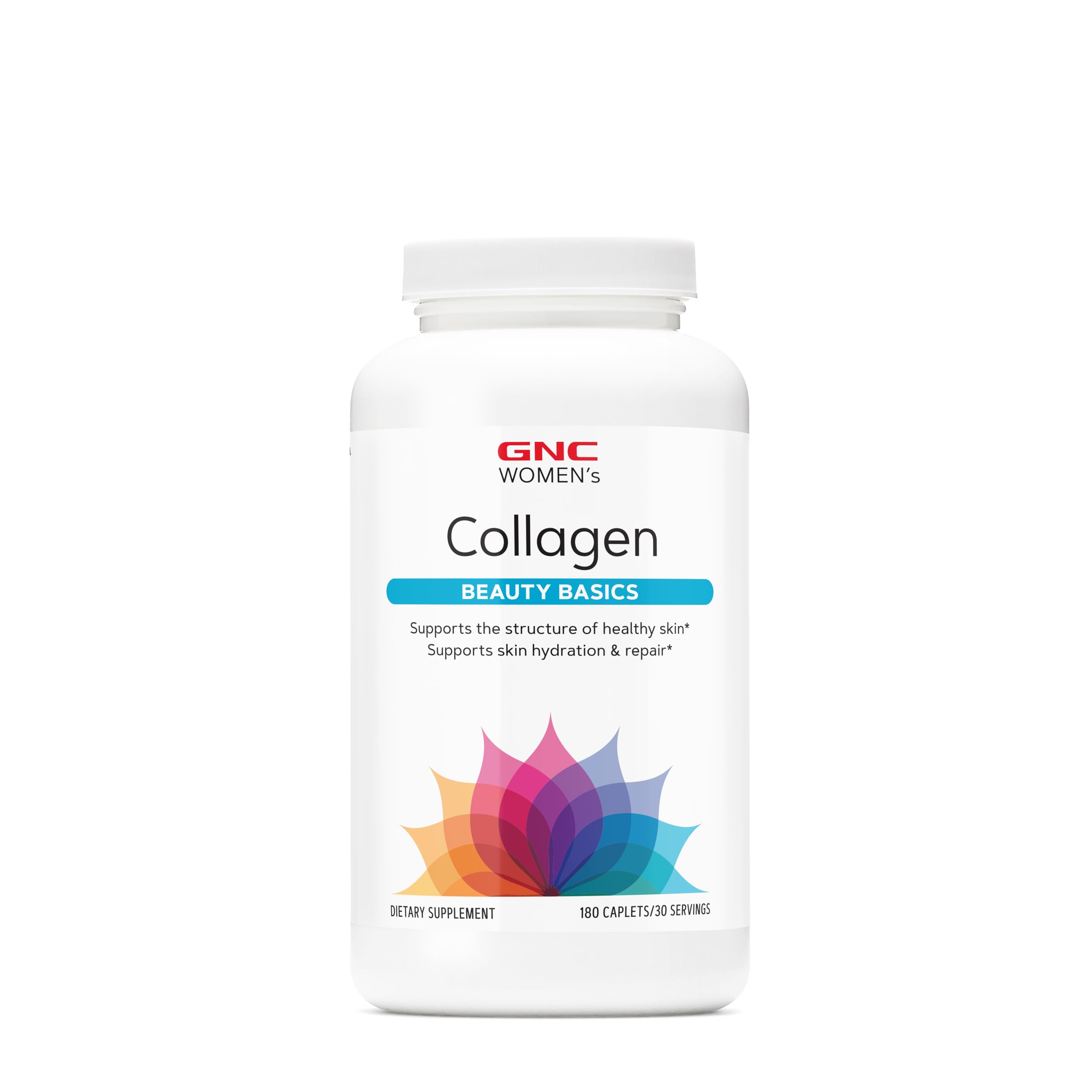 GNC Collagène Femmes, versement de la bouteille, soutient l'hydratation et l'élasticité possibles.