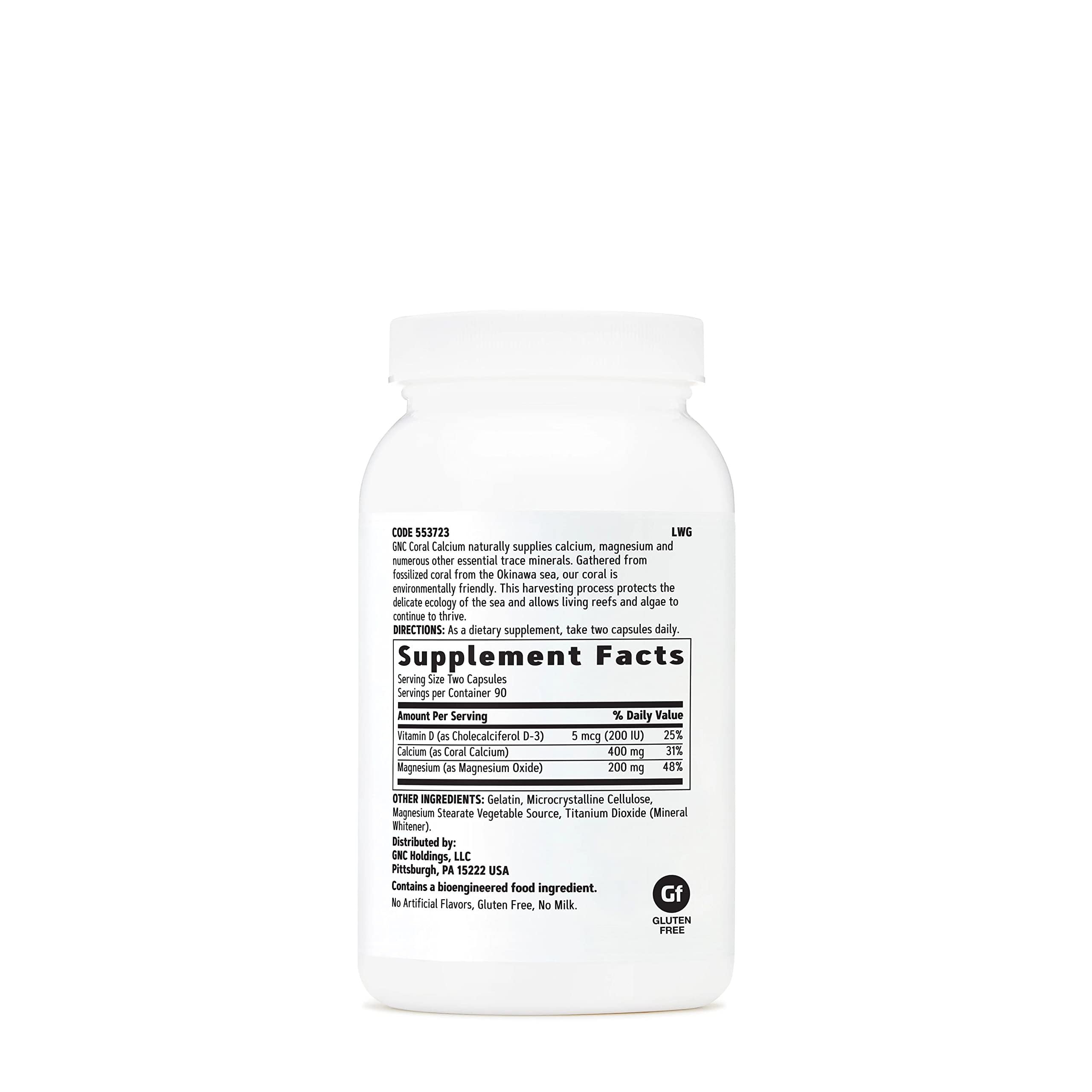GNC Coral Calcium 400 mg – capsules visibles, utile dans la routine quotidienne.