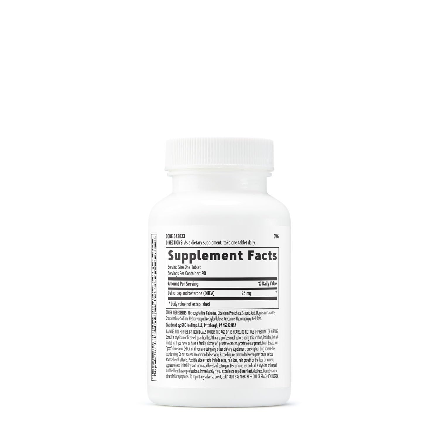 GNC DHEA 25 mg – flacon visible, utilisation pratique à emporter