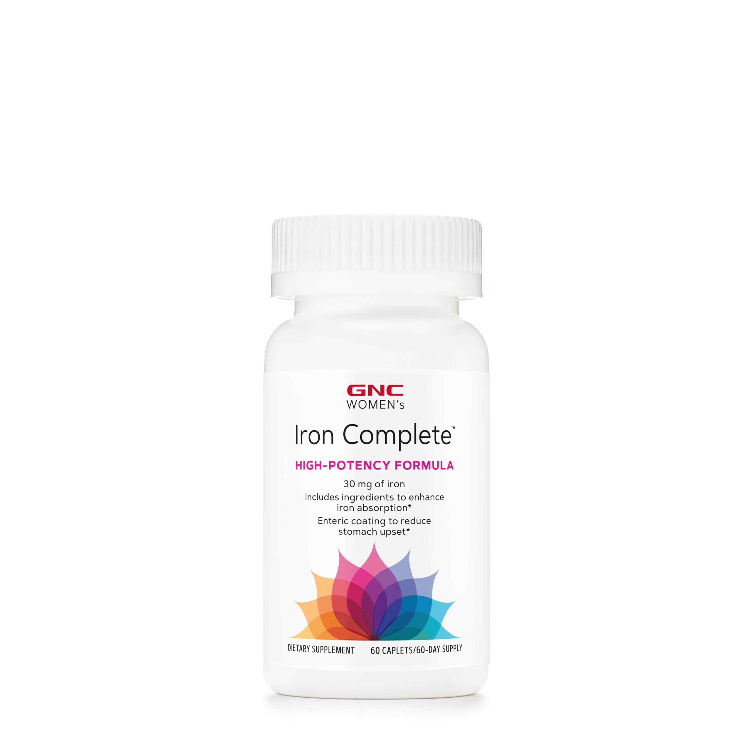 GNC Fer complet femmes - bouteille montrant le produit et soutien potentiel à l'énergie et à l'absorption