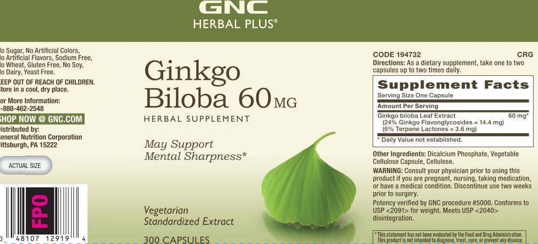 GNC Ginkgo Biloba 60 mg, bouteille pratique pour 300 portions et le bien-être mental.