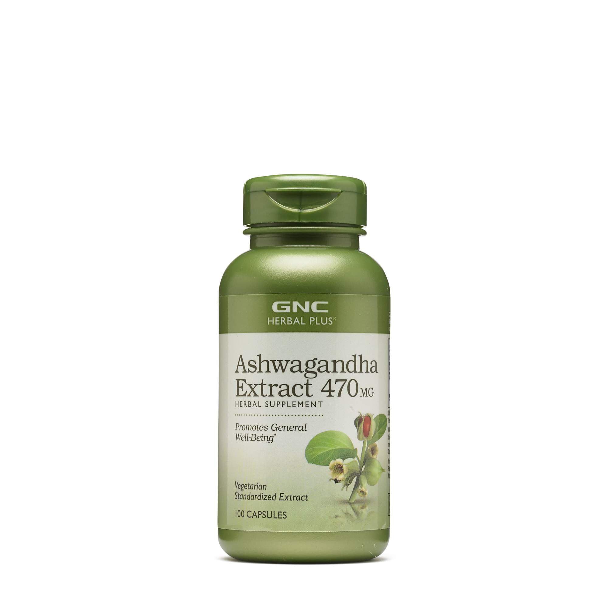 Bouteille GNC Herbal Plus Ashwagandha 470 mg pour le bien-être général.