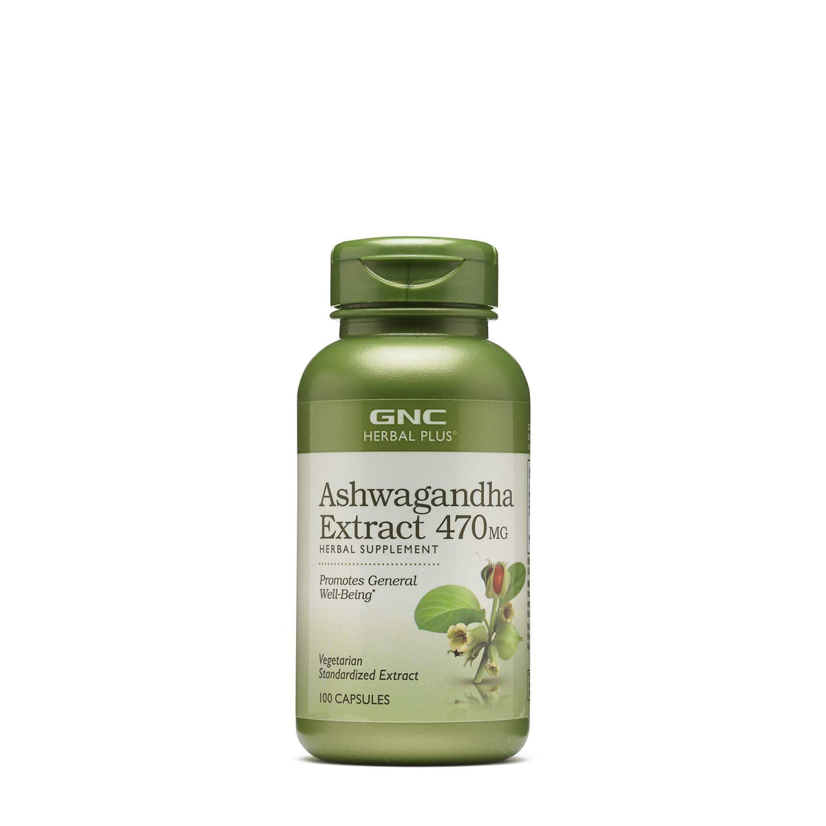 Bouteille GNC Herbal Plus Ashwagandha 470 mg pour le bien-être général.
