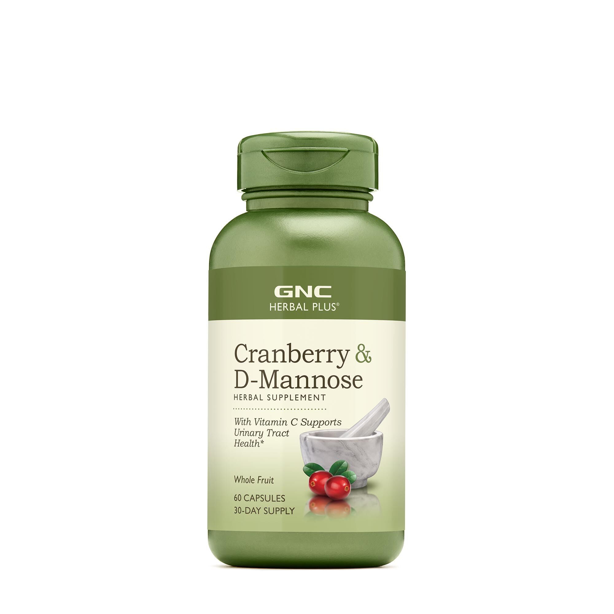 GNC Herbal Plus Cranberry D-Mannose bouteille de capsules et formule naturelle