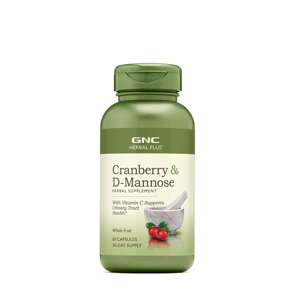 GNC Herbal Plus Cranberry D-Mannose bouteille de capsules et formule naturelle