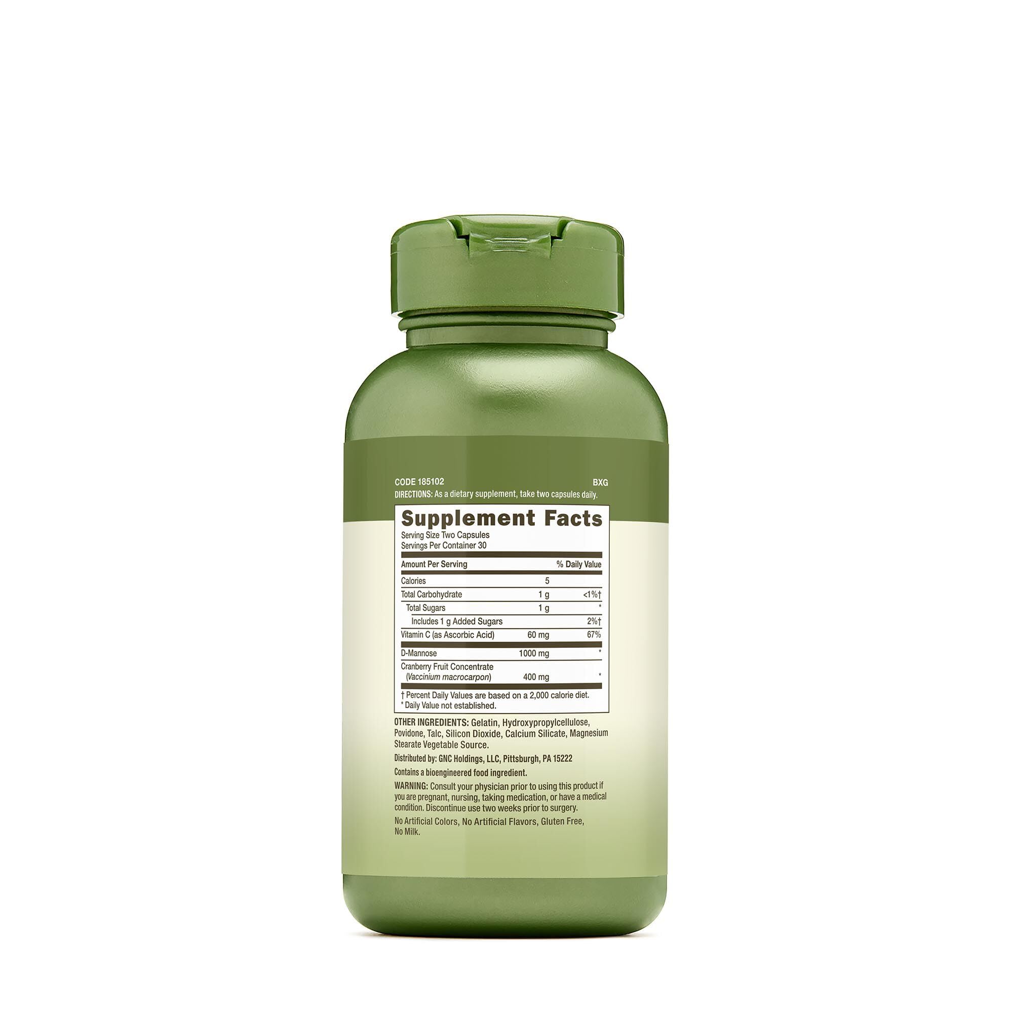 GNC Herbal Plus Cranberry D-Mannose etiquette lisible montrant ingrédients et dosage