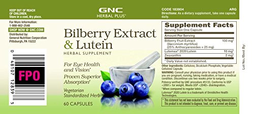 Étiquette GNC Herbal Plus montrant Lutéine et Myrtille pour la vision.