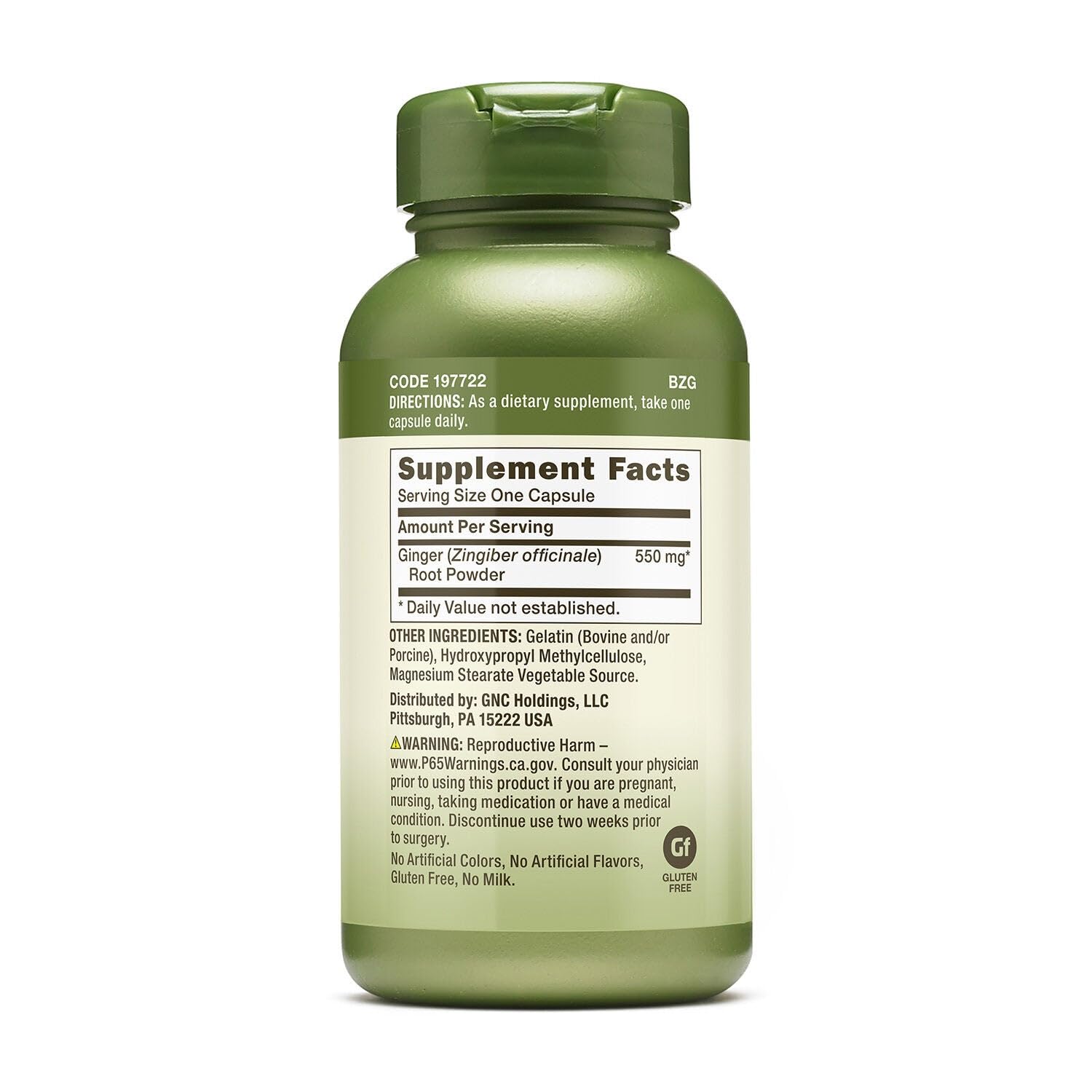 Étiquette GNC Herbal Plus indiquant sans gluten et sans arômes artificiels.