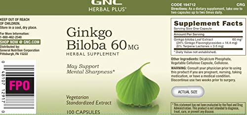 Étiquette GNC Herbal Plus détaillant le Ginkgo et les usages possibles.