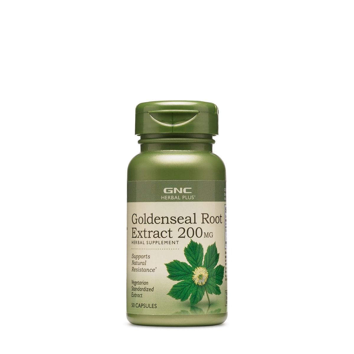 GNC Herbal Plus Goldenseal extrait 200 mg sur la bouteille, soutien naturel des défenses.